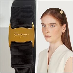 RARE Salvatore Ferragamo Brown Vara Bow Headband Gold Logo